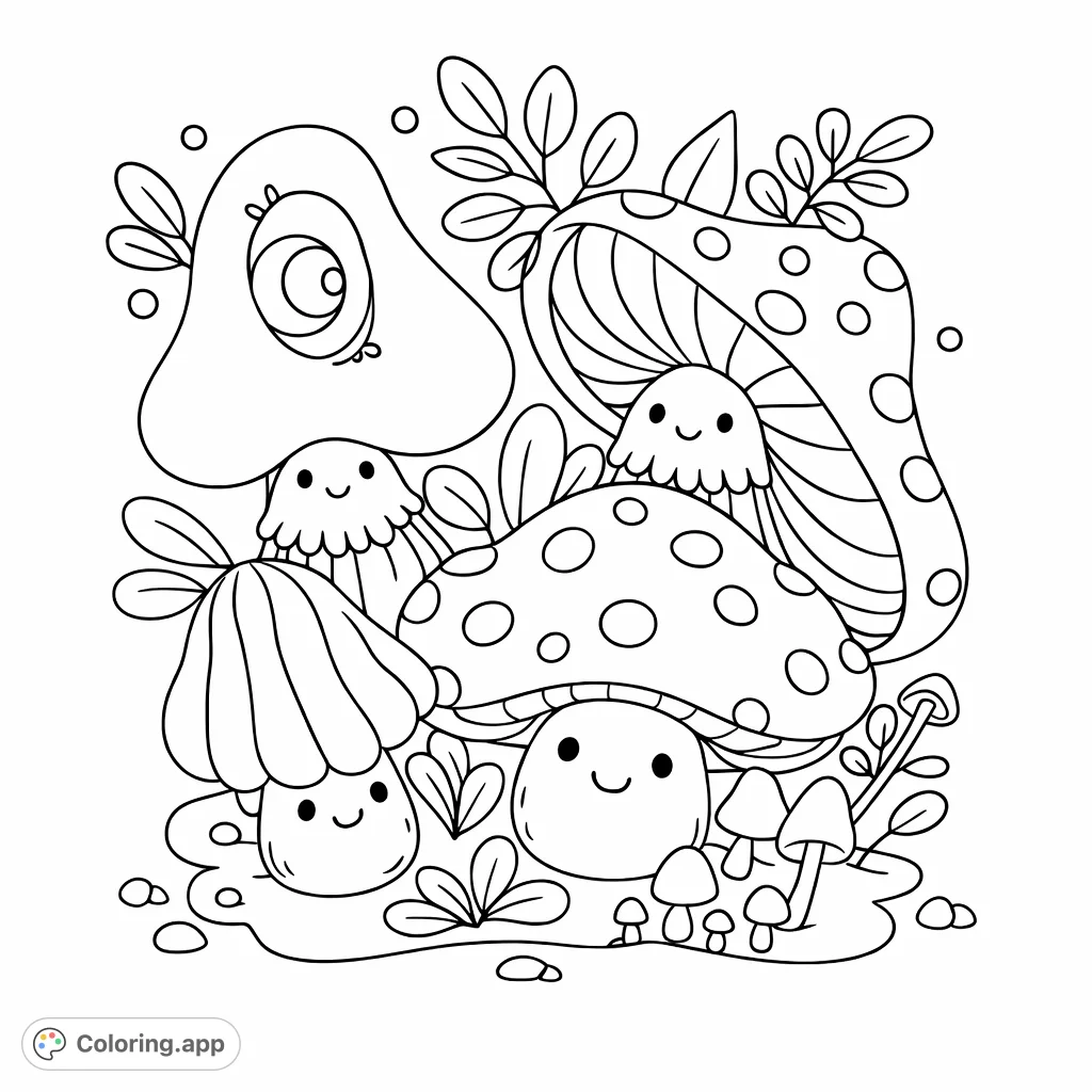 Discover a delightful world of whimsical mushroom friends, a ladybug, and playful foliage in this charming free printable mushroom coloring page for kids.