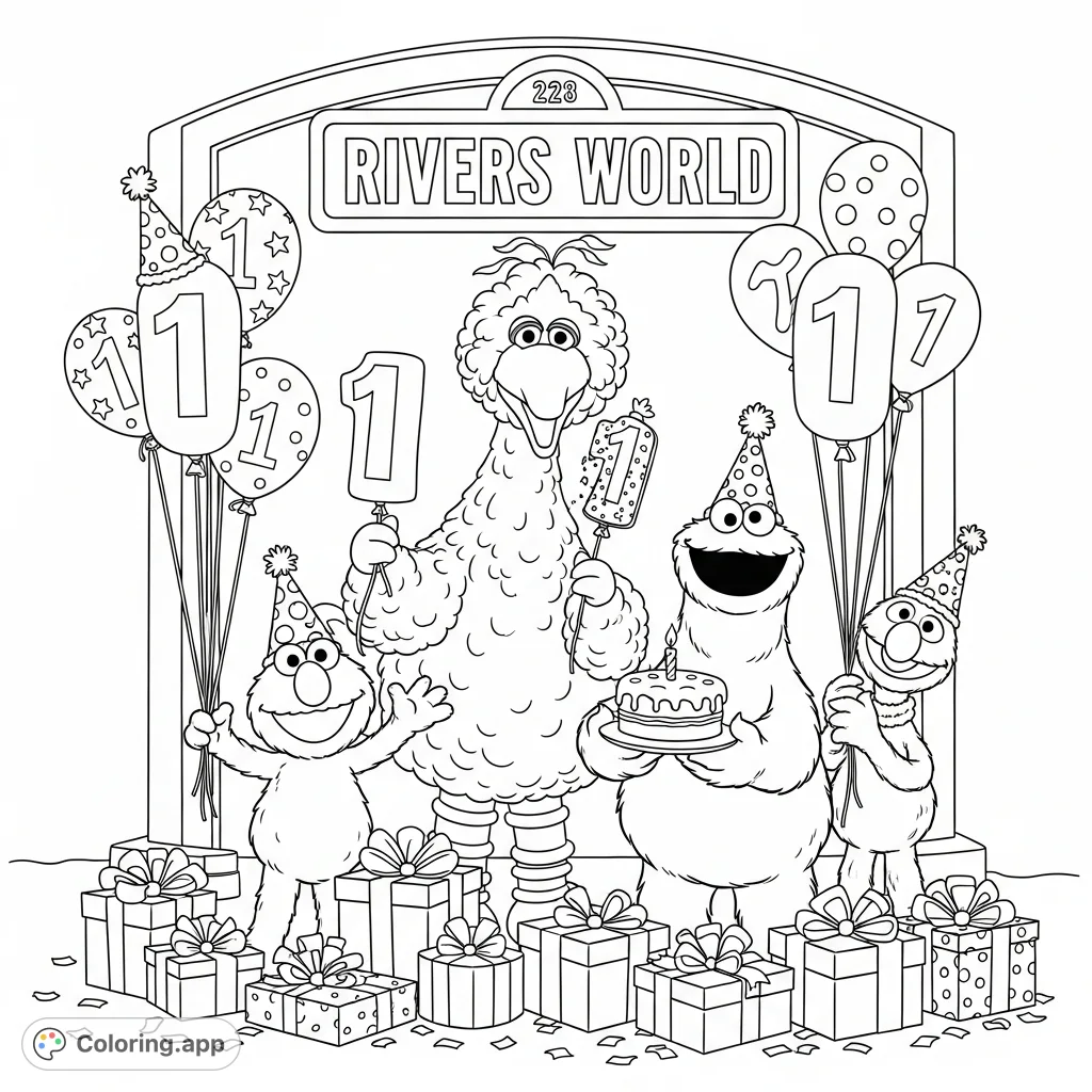 Join Elmo, Big Bird, Cookie Monster, and Grover at a festive birthday party on Sesame Street! They celebrate 'Rivers World' with balloons, cake, and gifts.