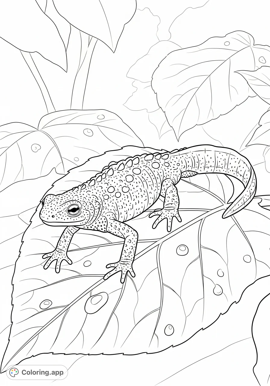 Discover a detailed newt perched delicately on a textured leaf, surrounded by a serene natural setting. A captivating nature-themed free printable coloring page.