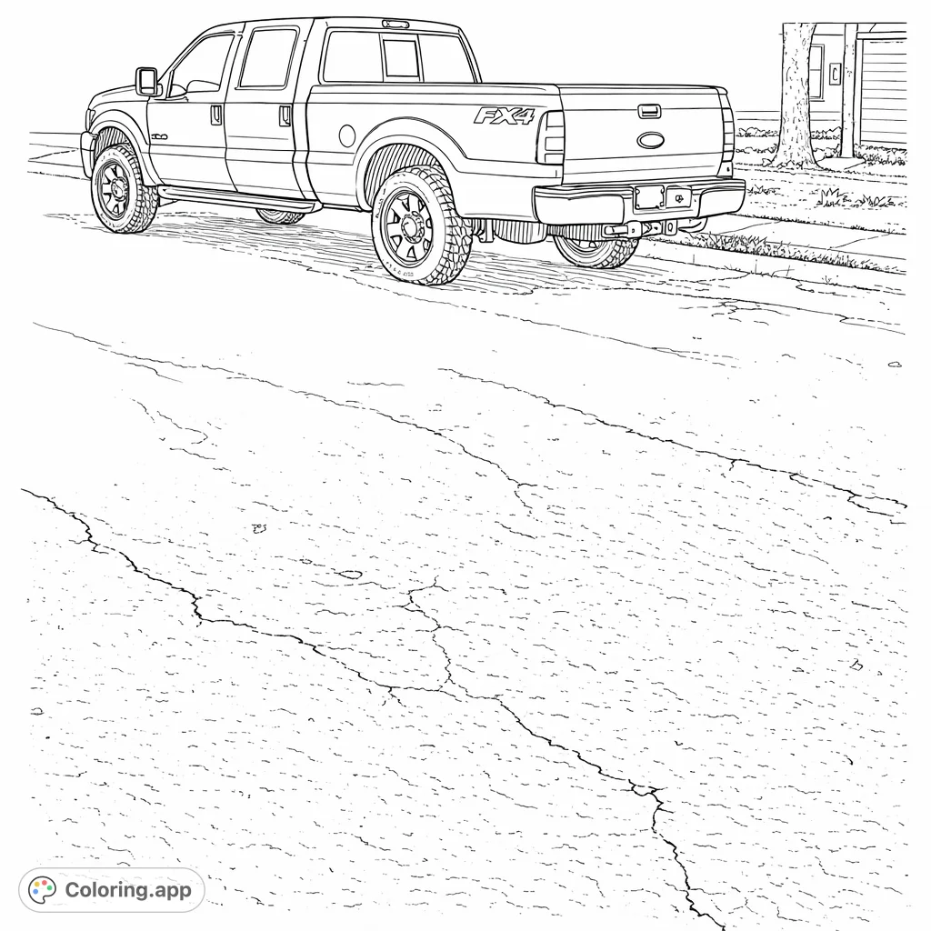 Color a detailed pickup truck on a cracked street, with a suburban background. Perfect for truck enthusiasts of all ages.