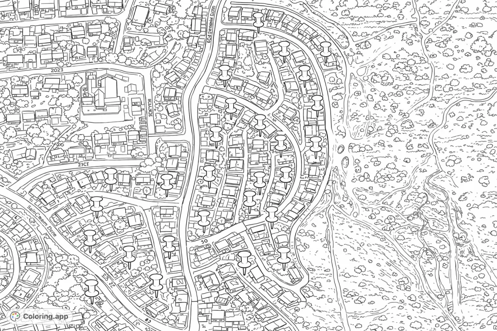 Explore a highly detailed aerial map of a residential neighborhood with numerous homes, winding streets, and natural landscapes. Perfect for intricate coloring.