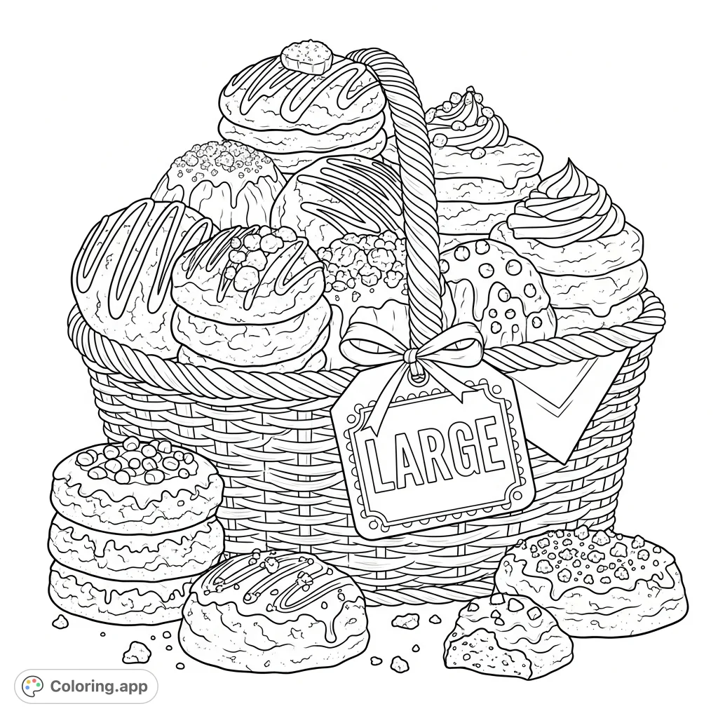 Indulge in this delightful Crumbl Cookies coloring page, featuring an overflowing picnic basket of assorted treats with unique toppings. A sweet escape!