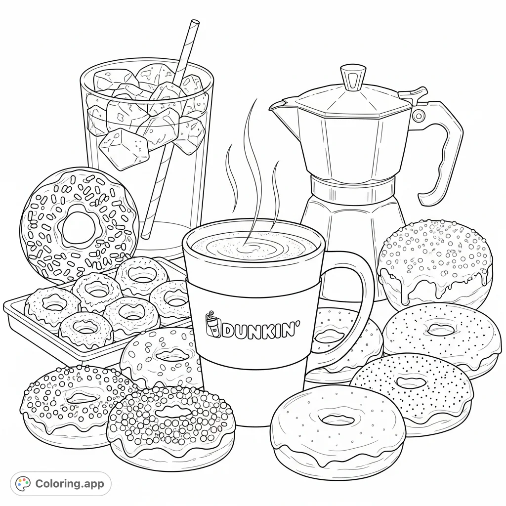 Explore a delicious Dunkin' Donuts coloring page featuring iconic coffee cups, frosted donuts, and various treats, perfect for foodies and fans of the brand.