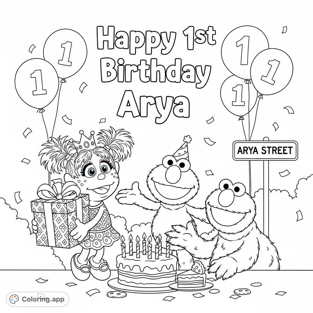 Join Elmo, Abby Cadabby, and Cookie Monster at a joyful 1st birthday celebration for Arya, complete with cake, gifts, balloons, and confetti.