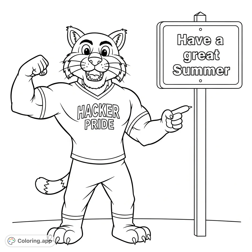 A dynamic wildcat mascot flexing with a "HACKER PRIDE" shirt and a sign saying "Have a great Summer". Perfect for school spirit and fun!