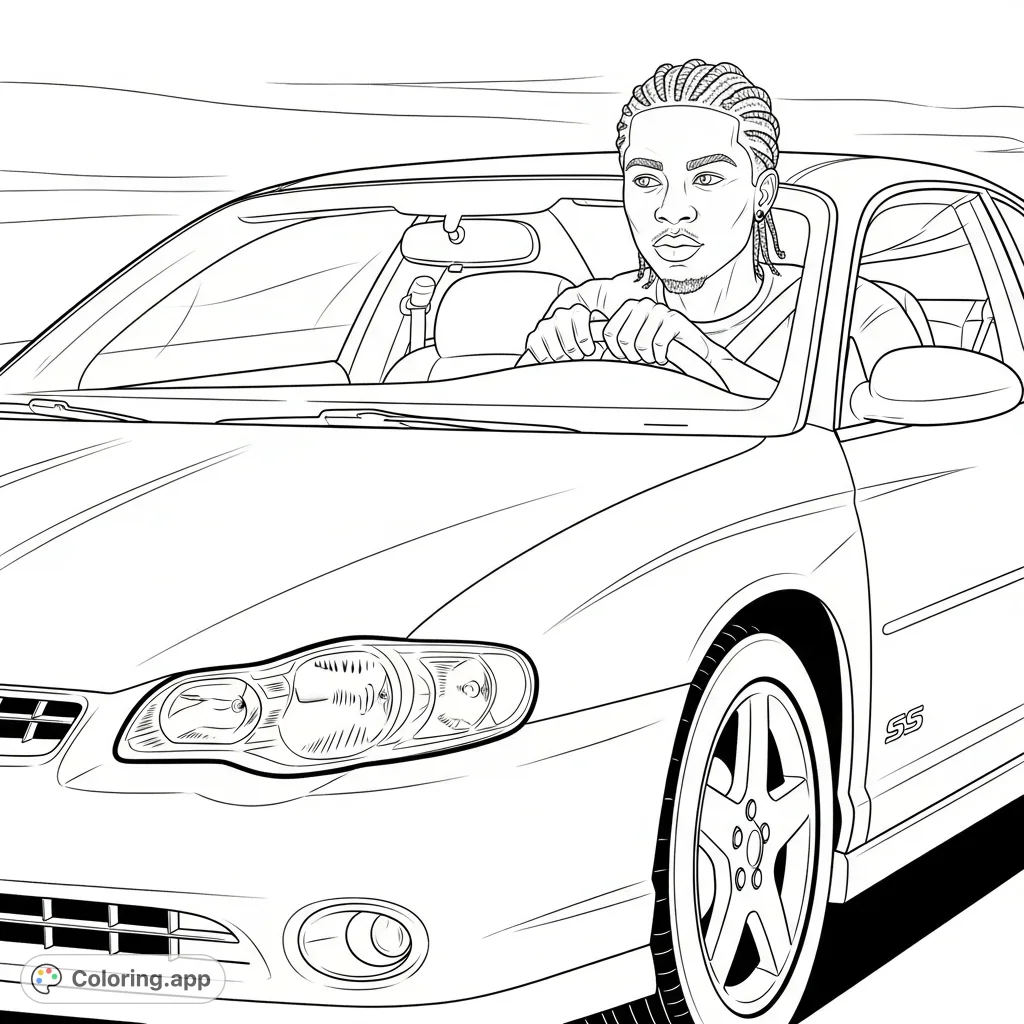Color a handsome African American young man with cornrow braids driving a classic 2006 Chevrolet Monte Carlo SS. Detailed car and character for enthusiasts.