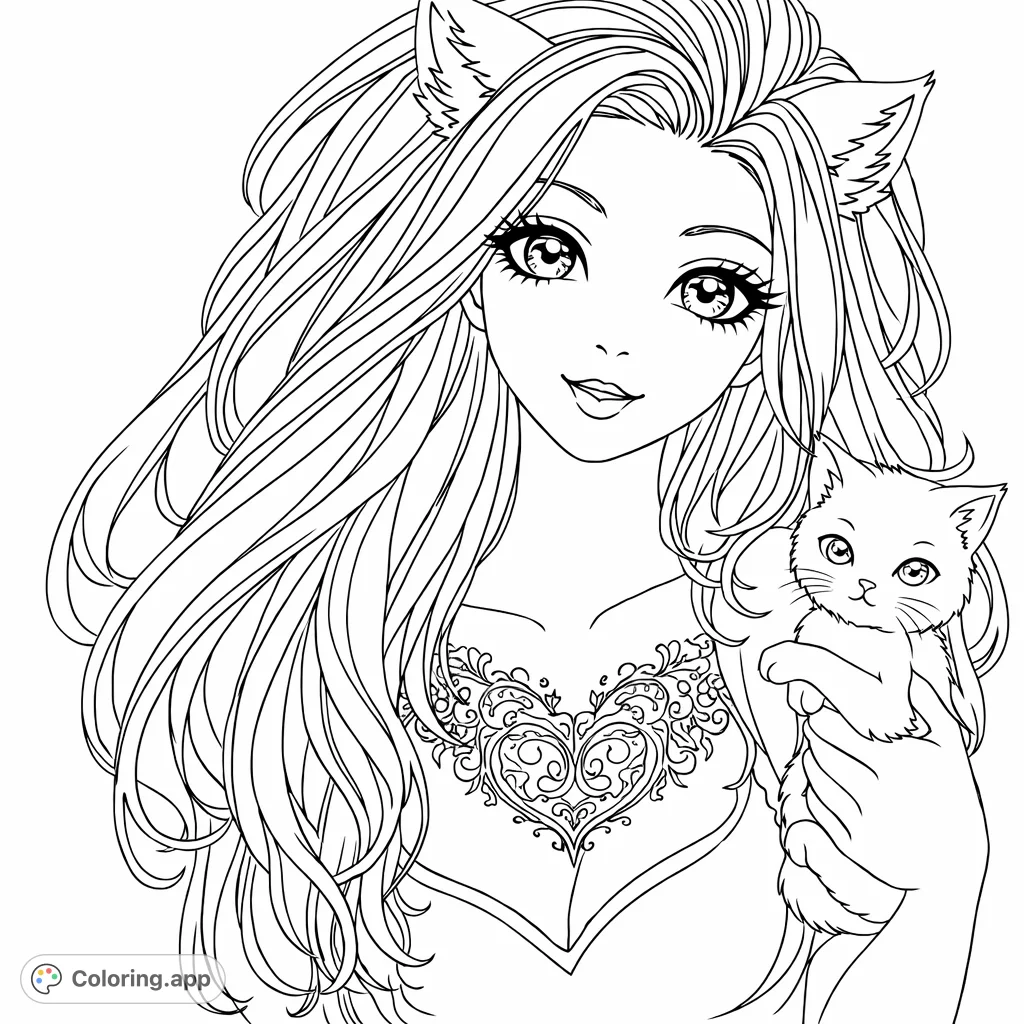 Unleash your creativity with this enchanting portrait of a cat-eared character. Features flowing hair, intricate tattoos, and a tiny feline companion against a luminous background.