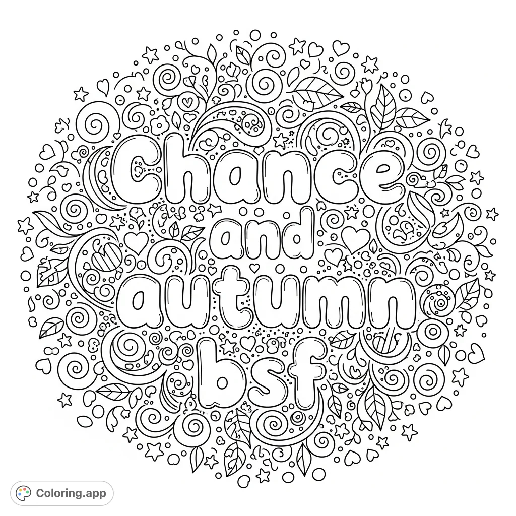 A unique coloring page featuring the name "Chance and autumn bsf" in bubble letters, surrounded by intricate swirls, stars, hearts, and florals.