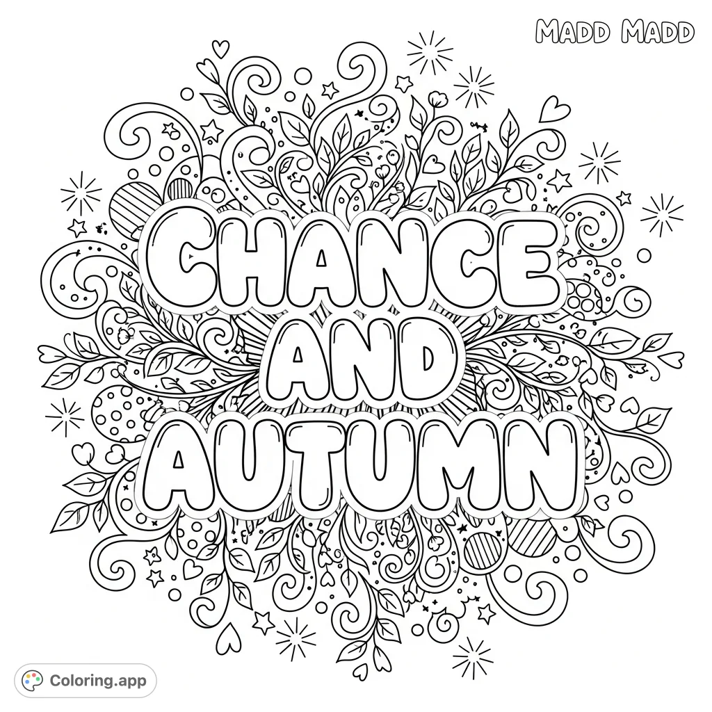 A personalized coloring page featuring the name "Chance and autumn" in bubble letters, surrounded by intricate swirls, stars, hearts, and floral designs.
