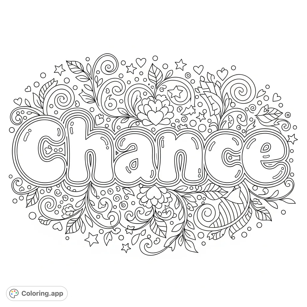 Discover a personalized coloring page featuring the name "chance" in bubble letters, surrounded by intricate swirls, stars, hearts, and floral designs.