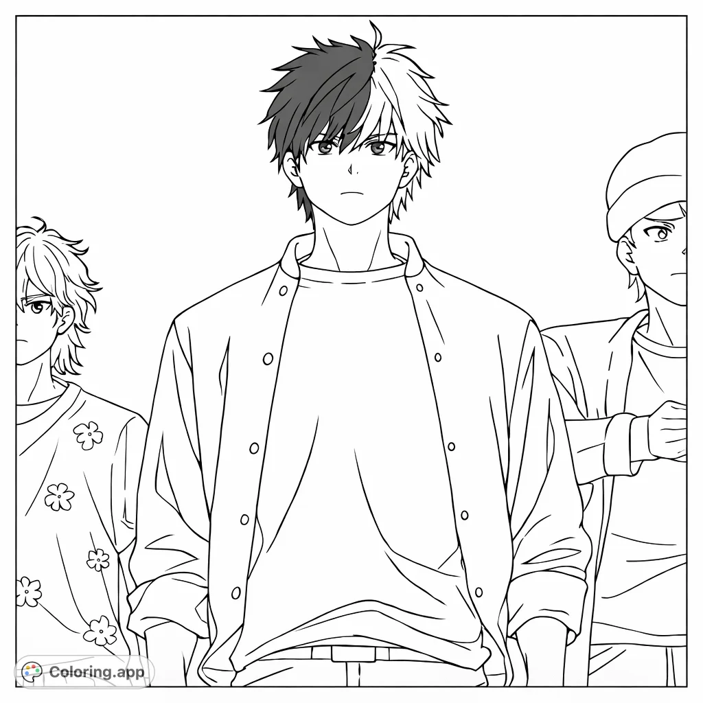 Color this anime hero with striking dual-tone hair and his companions. A captivating scene for fans of anime characters, offering expressive faces and engaging details.