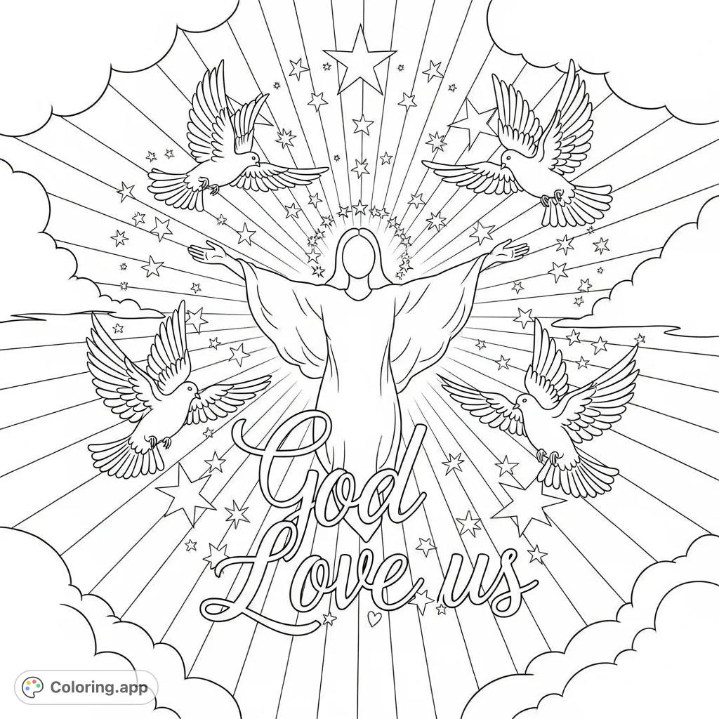 A serene religious coloring page featuring an ethereal figure embracing the world, surrounded by doves, light, and the comfor...