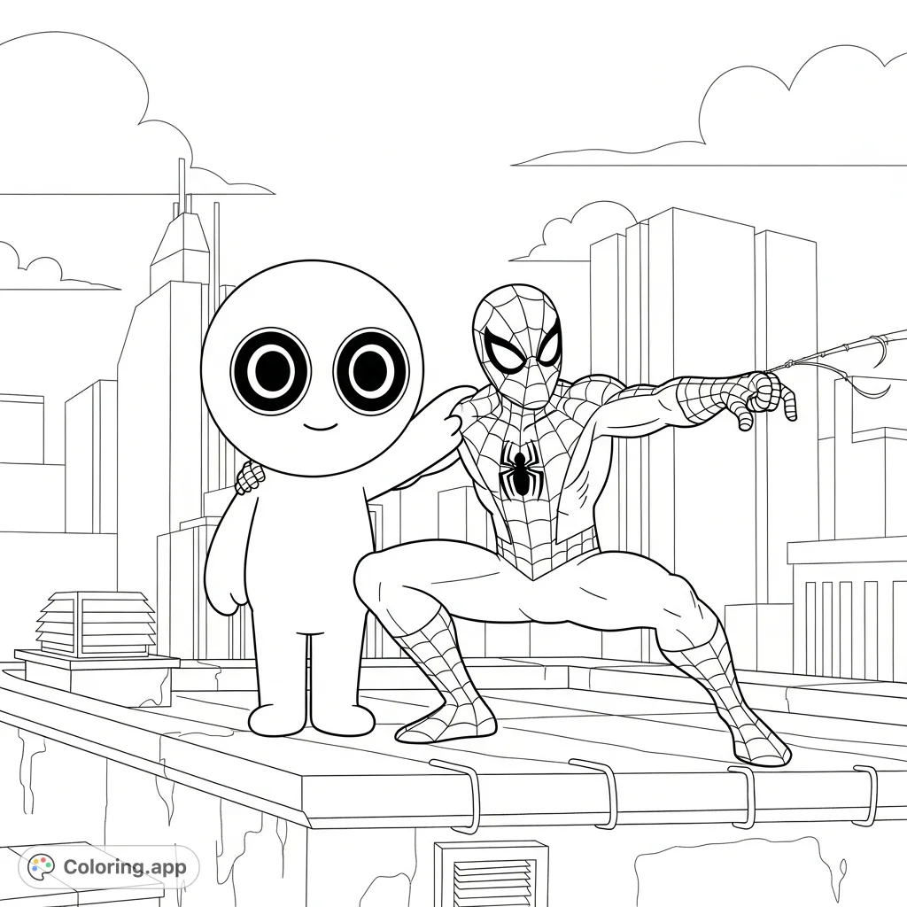Join KYI and Spidey on a thrilling city rooftop adventure! This fun, free printable coloring page features the iconic hero and their companion.