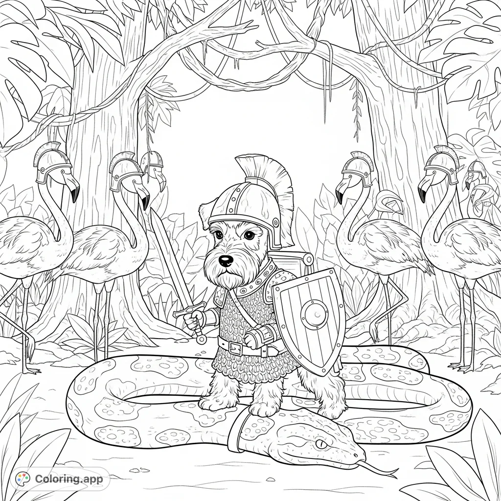 An adventurous miniature schnauzer in full chain mail armor and helmet rides a boa constrictor, guarded by helmeted flamingos in a lush rainforest.