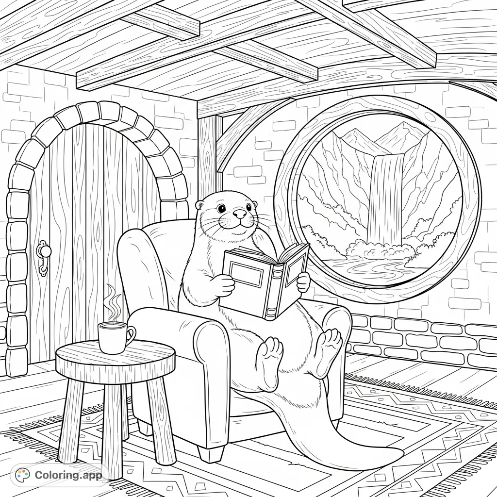 Discover a charming otter nestled in a cozy armchair, engrossed in a book within its hobbit-like home. A tranquil mountain view with a waterfall awaits your creative touch.