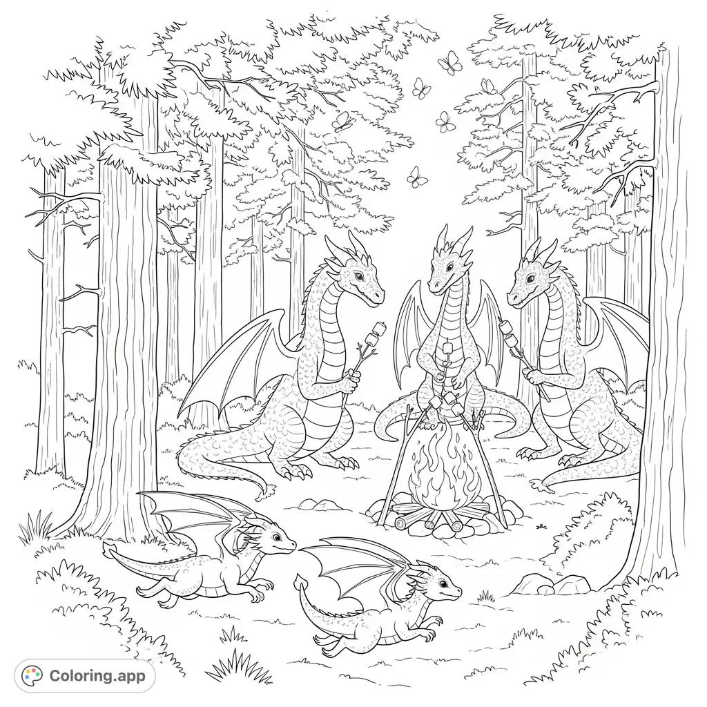 Dive into a magical dragon forest! Playful baby dragons chase while wise adults roast marshmallows by a campfire, surrounded by fluttering butterflies.