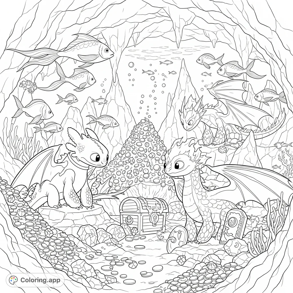 Discover Toothless, a fire dragon, and an ice dragon guarding vast treasure in an enchanting underwater cave, surrounded by curious swimming fish.