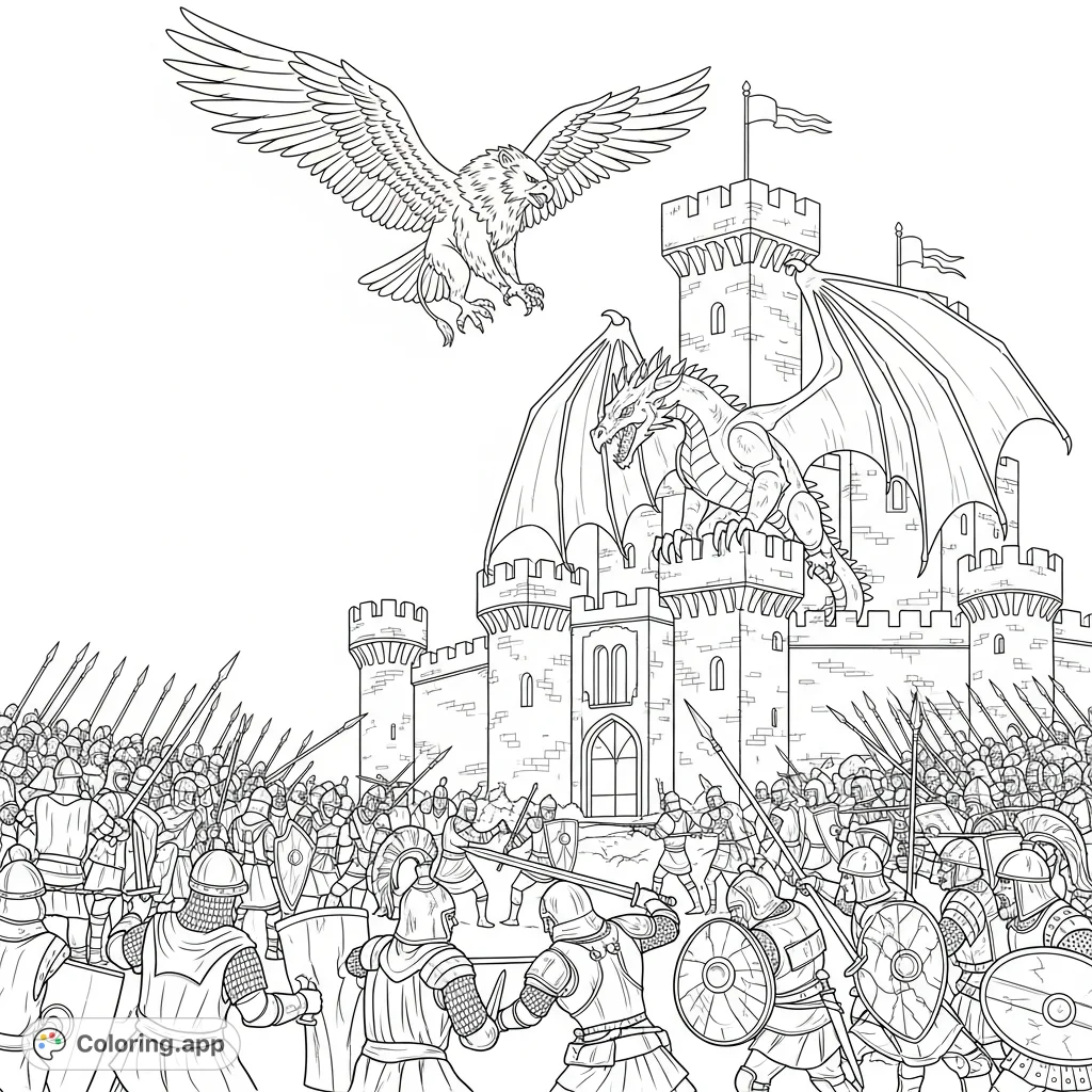Witness a grand fantasy battle as two armies clash before a majestic castle, overlooked by a massive dragon and a soaring griffin.