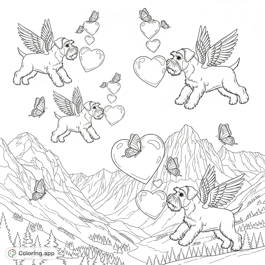 Whimsical schnauzer puppies with wings soar over the Swiss Alps, blowing heart bubbles that delicate butterflies perch upon. A magical alpine adventure.