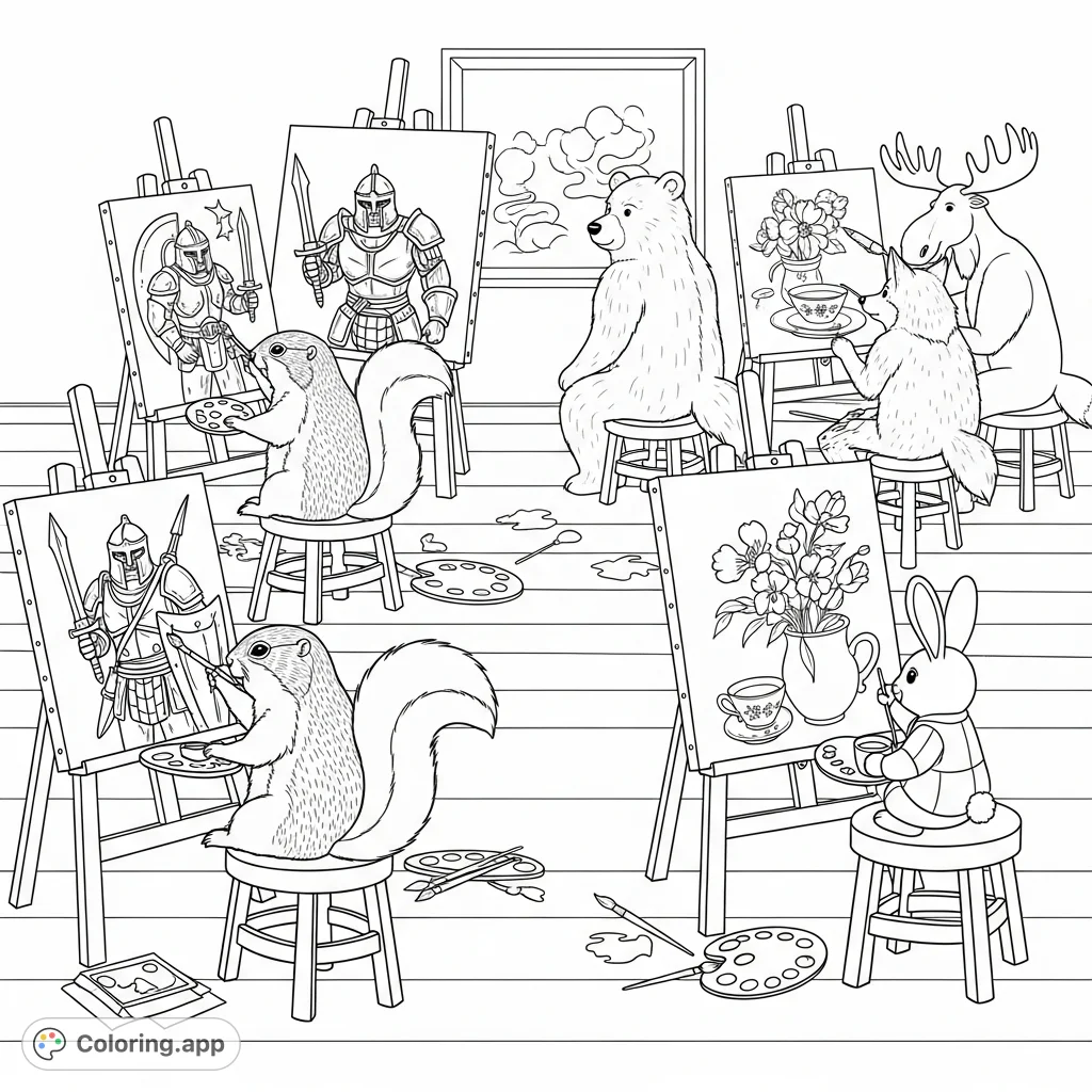 Charming forest animals in an art class. Small critters paint valiant warriors, while larger ones delicately create flowers and teacups.