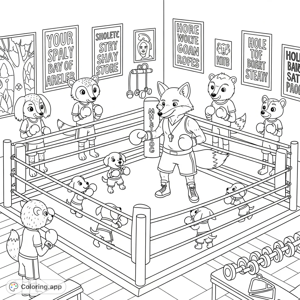 Join a spirited Fox as it trains adorable puppies in a boxing ring, surrounded by cheering forest animals and motivational gym posters. A fun animal gym coloring page!