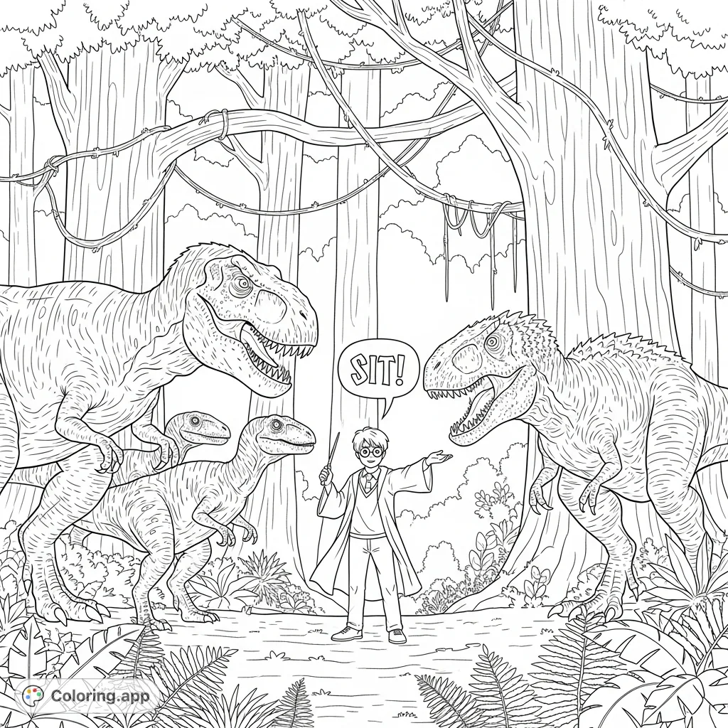 Join Harry Potter as he attempts to teach a T-Rex, Velociraptor, and Indominus Rex to "SIT" in a lush jungle. A magical, prehistoric adventure!