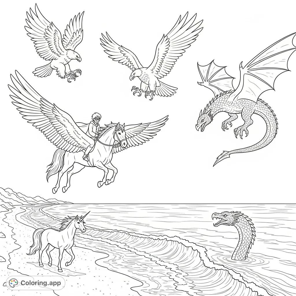 Join Harry Potter on a majestic pegasus, soaring above a magical beach scene with unicorns, griffins, dragons, eagles, and a sea serpent. An epic fantasy adventure awaits!