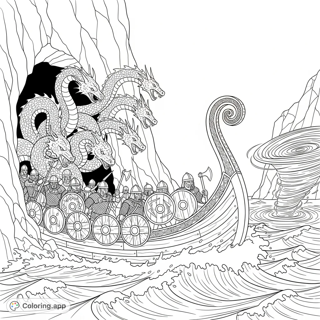 An epic mythical creature coloring page depicting a multi-headed hydra attacking a viking longship filled with armored warriors amidst a swirling ocean and cave.