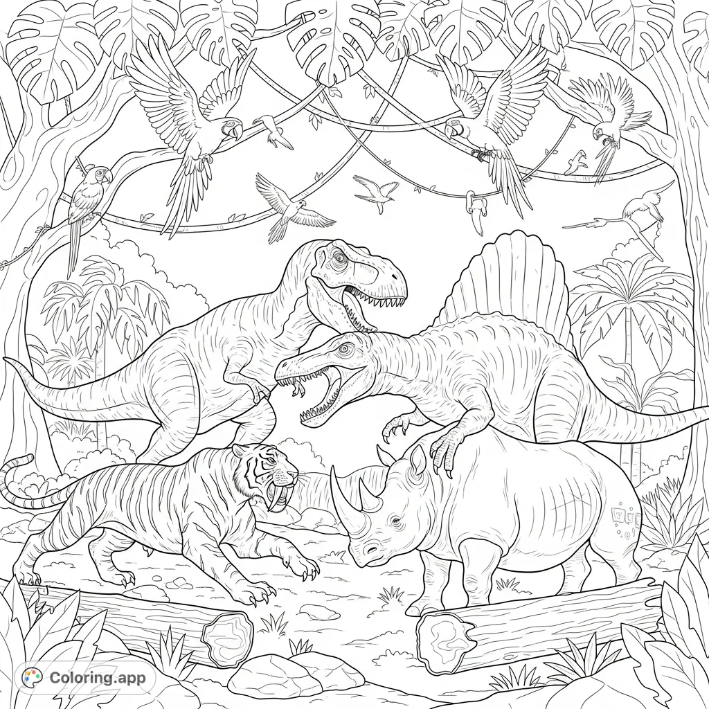 Unleash your creativity on an epic jungle prehistoric battle coloring page featuring a T-Rex, Spinosaurus, sabertooth tiger, and rhino amidst dense foliage.