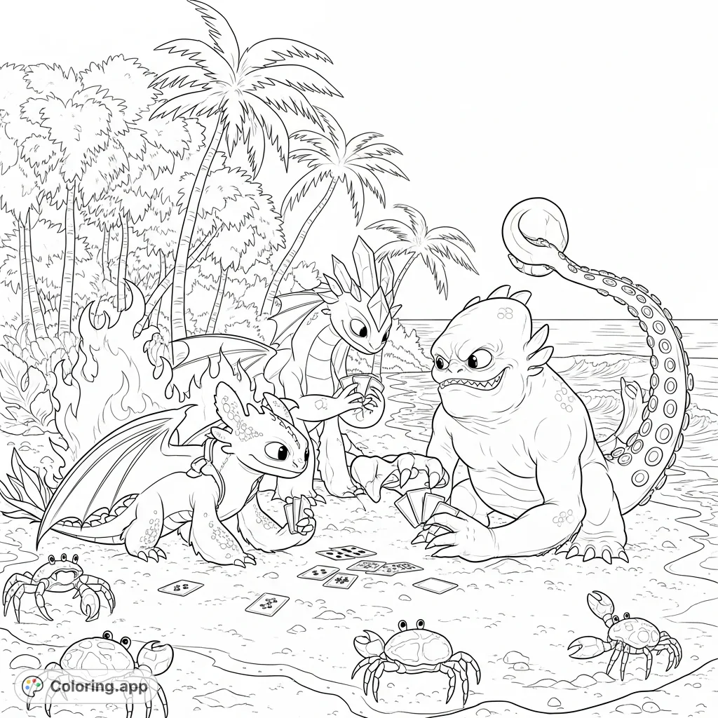 Epic scene featuring Toothless, a fire dragon, an ice dragon, and the Kraken playing cards on a tropical beach with palm trees and scuttling crabs.