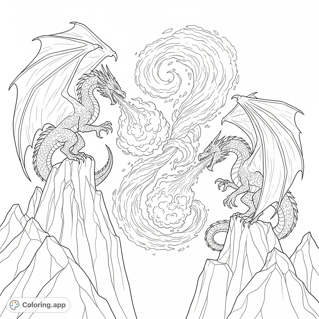 Witness an epic dragon battle coloring page! A fire dragon clashes with an ice dragon amidst towering peaks, their elemental blasts swirling into a powerful vortex.