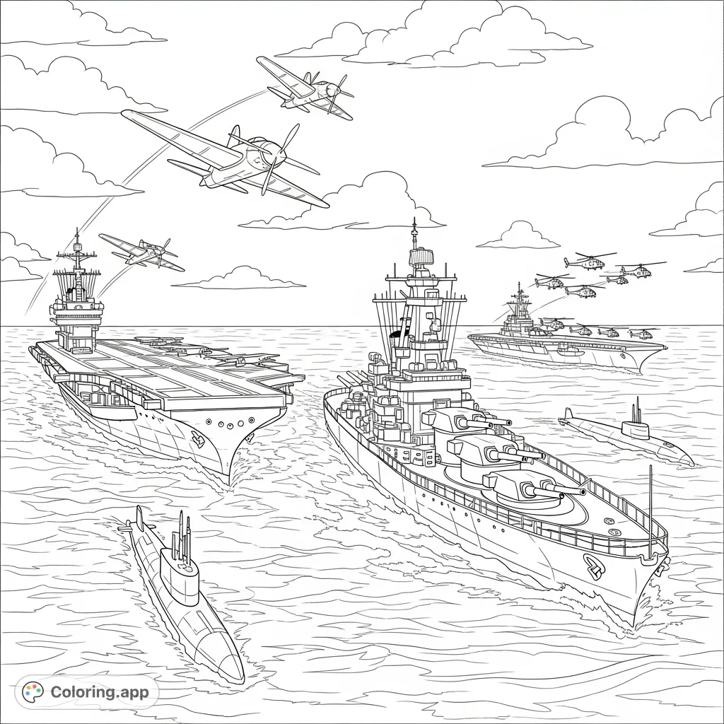 Experience an intense naval battle with aircraft carriers, battleships, submarines, and aircraft in this action-packed, free printable coloring page for all ages.