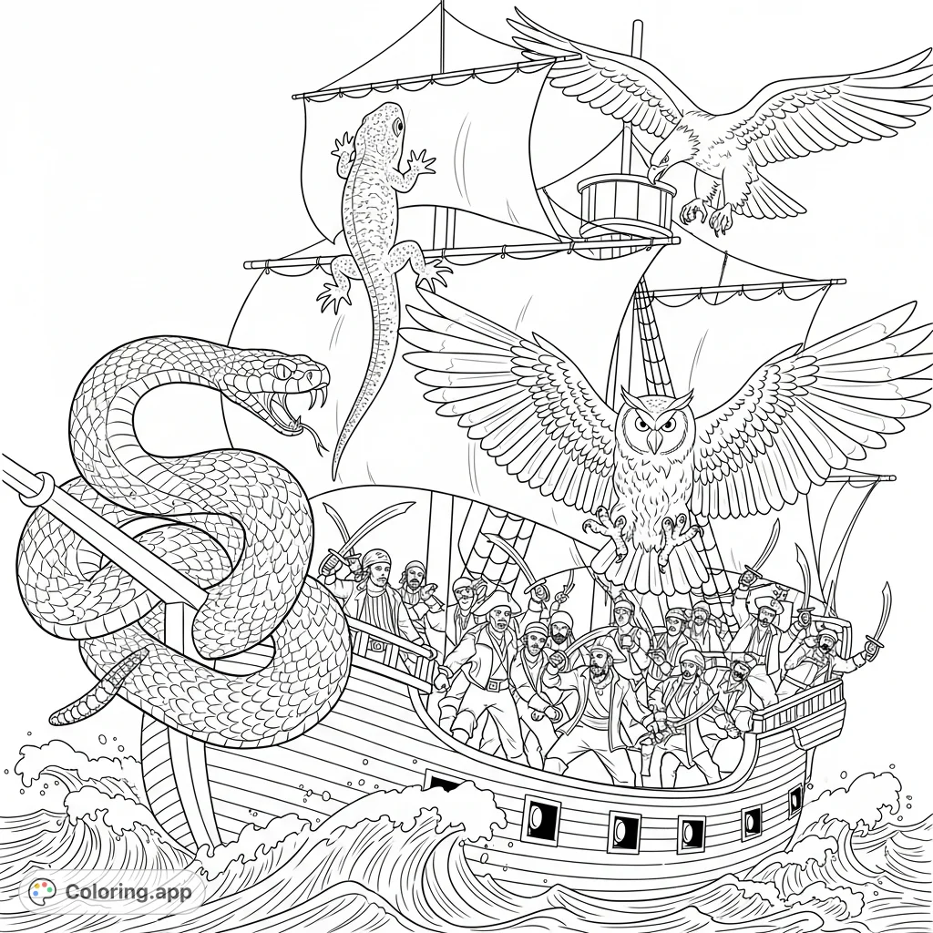Engage in an epic pirate ship coloring page adventure! Animals attack a ship teeming with sword-wielding pirates, offering a thrilling scene to bring to life.