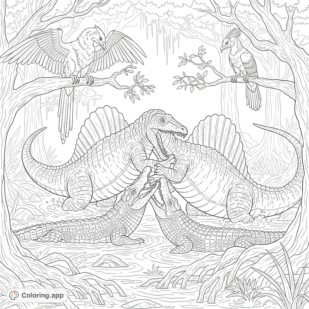 Experience an epic prehistoric swamp battle! A Dimetrodon and Spinosaurus wrestle a Crocodile and Alligator, while a Griffon watches from above.
