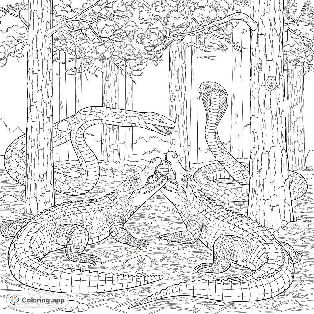 An intense reptilian forest battle between an alligator, a crocodile, a Burmese Python, and a king cobra. A realistic wildlife scene for advanced colorists.