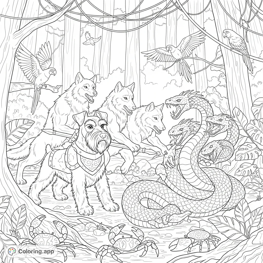 An epic rainforest battle unfolds as a Miniature Schnauzer and three fierce wolves confront a multi-headed hydra, surrounded by skittering crabs and flying parrots.