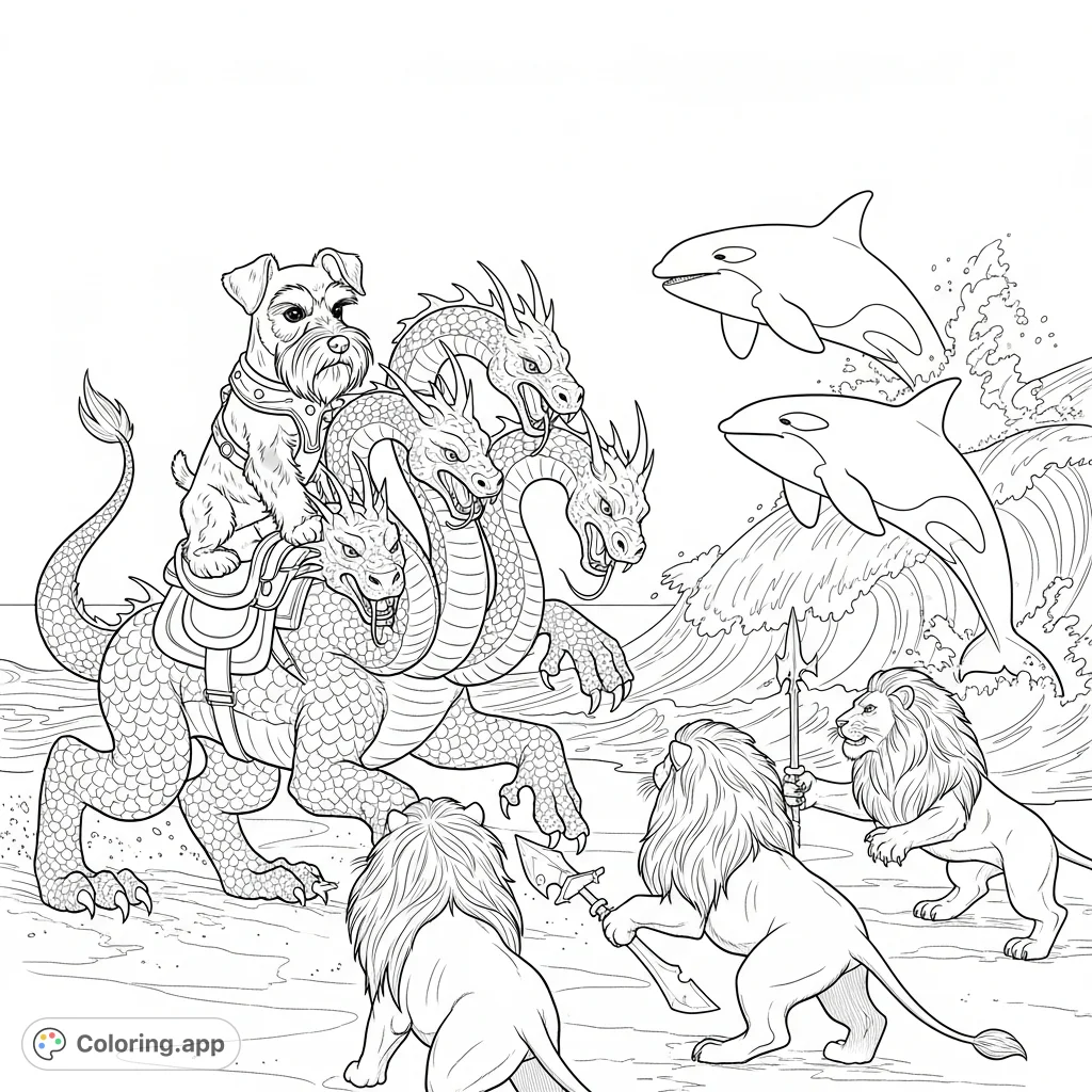 An epic fantasy battle coloring page featuring a miniature schnauzer riding a hydra against lions, with orcas leaping from the ocean. Adventure awaits!