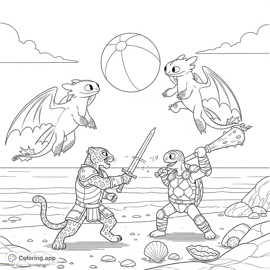 A dynamic beach scene featuring Toothless dragons chasing a beach ball and a thrilling armored duel between a leopard and a turtle. Perfect for fantasy adventure fans!