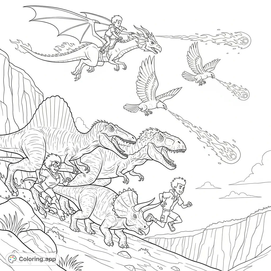 Experience an epic chase featuring Spinosaurus, T-Rex, Indominus Rex, and Wildkratts characters, with a fiery aerial attack by dragons, eagles, and griffins!