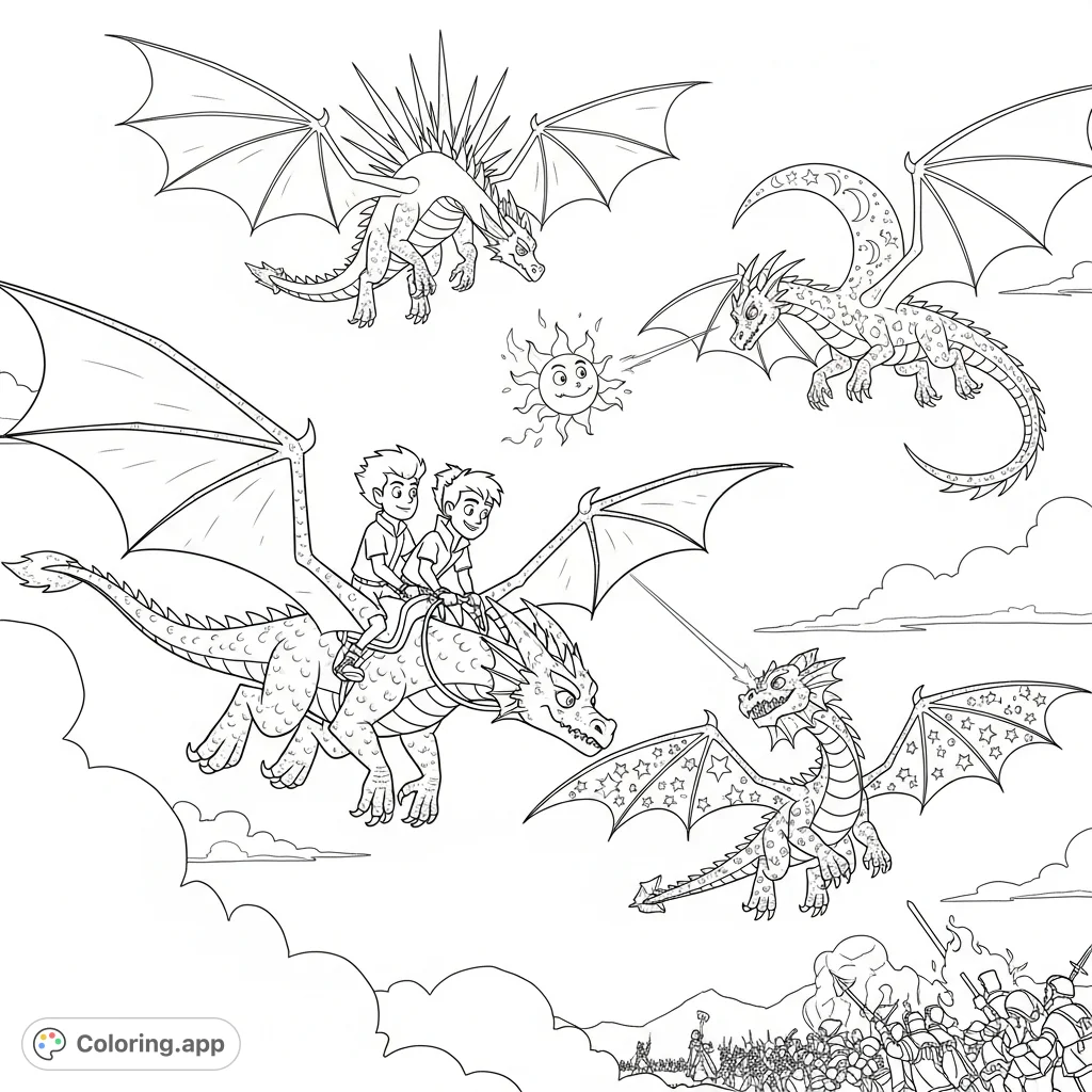 Witness Chris and Martin on a fire dragon, soaring above an epic aerial battle between sun, moon, and star dragons, with ground armies clashing below.