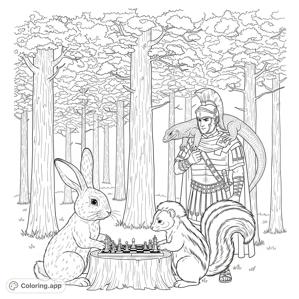 An extraordinary woodland chess game unfolds between a personified bunny and skunk, watched by a Roman general with a Komodo dragon.