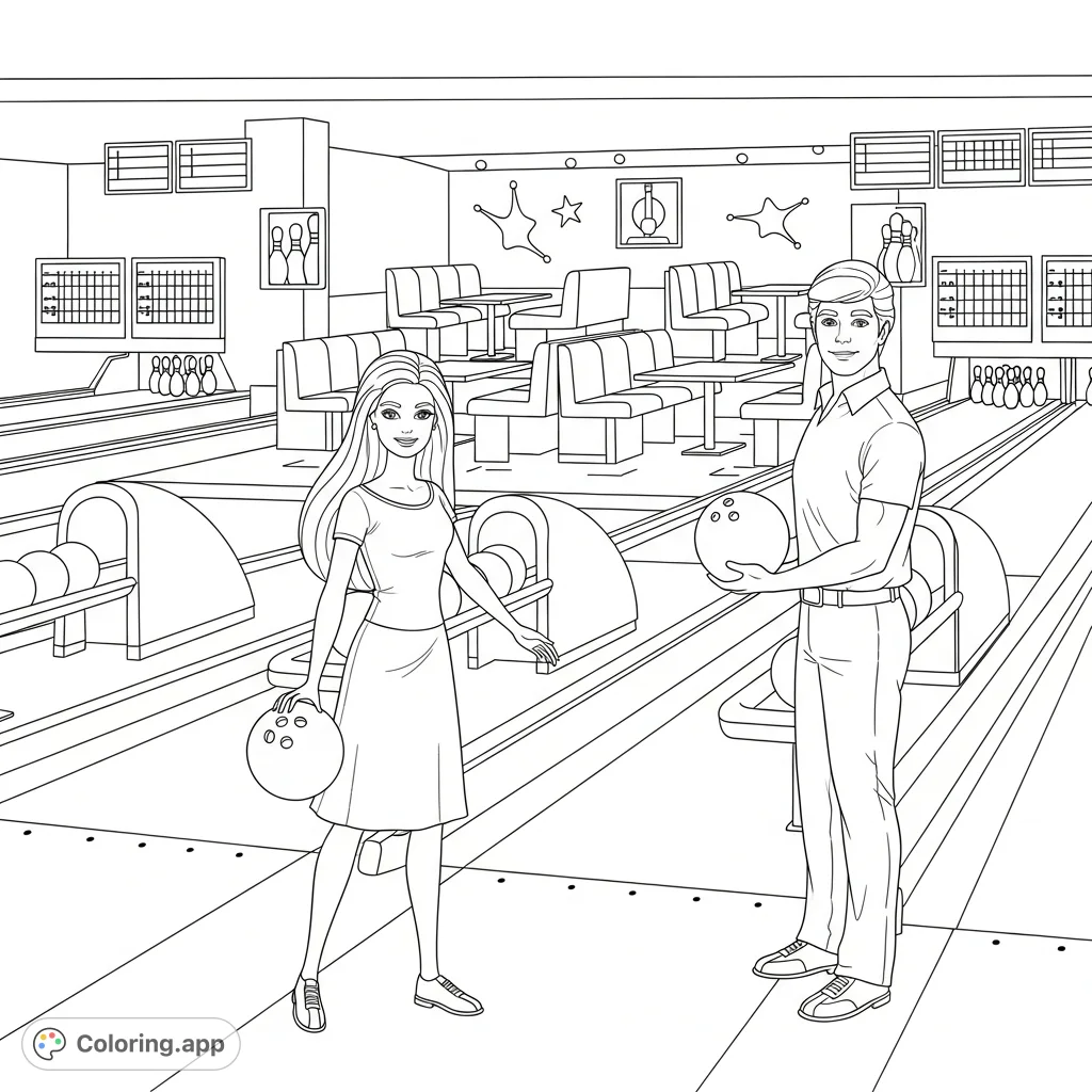 Join Barbie and Ken for a striking adventure at the bowling alley! This fun coloring page features the iconic duo ready to roll, perfect for all ages.