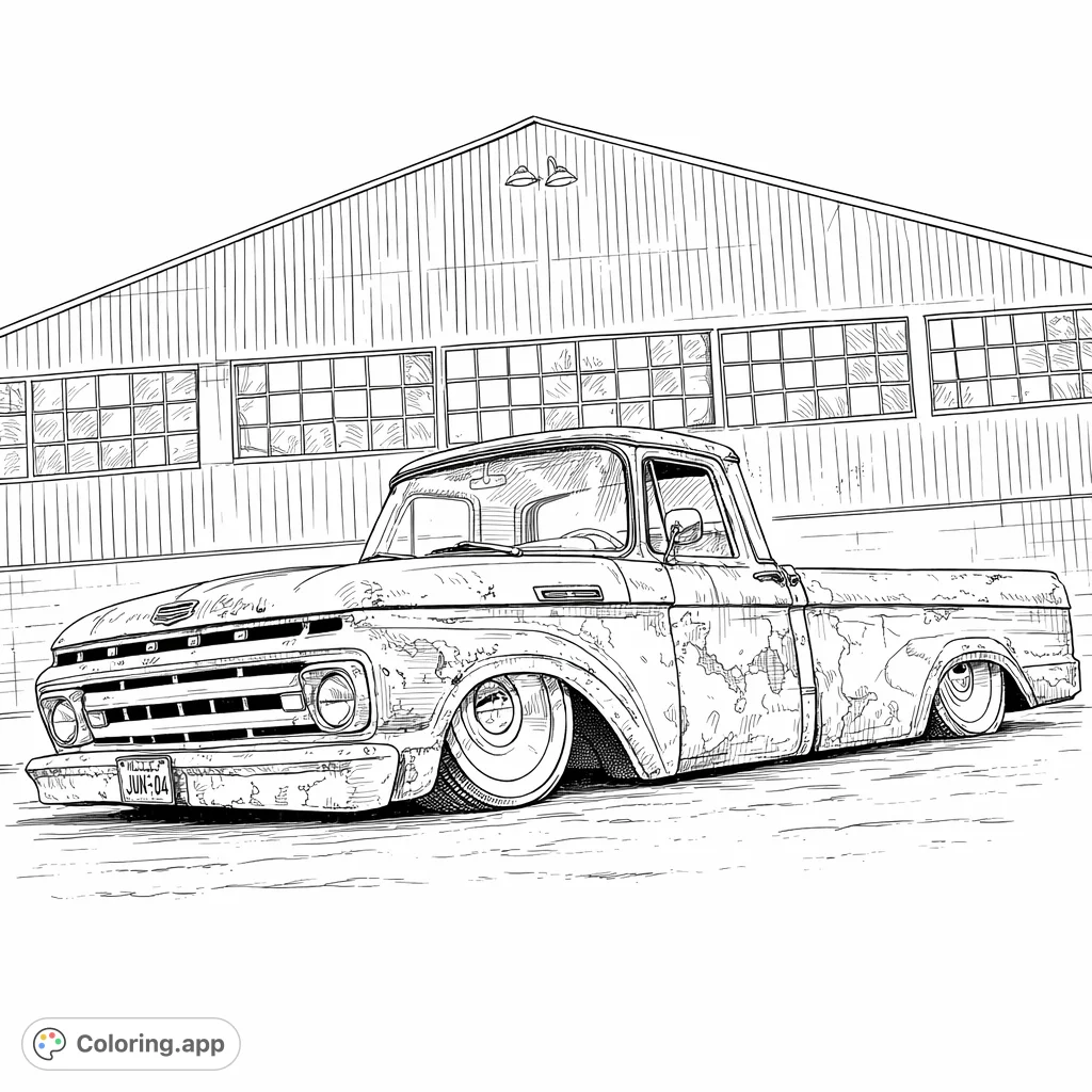 Color a highly detailed vintage pickup truck, customized with a super low stance and intricate rust patterns, set against an industrial building backdrop.