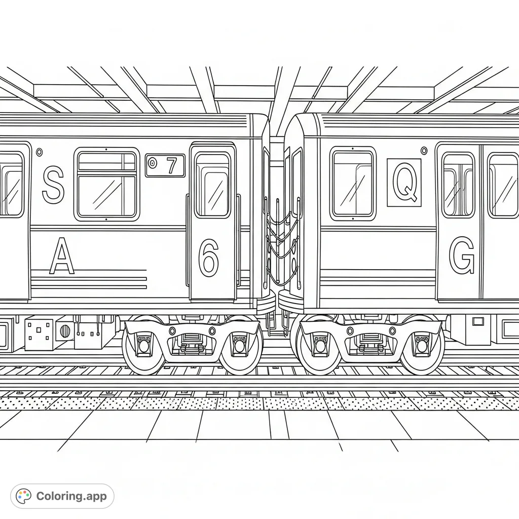Explore the iconic MTA NYC subway with this unique coloring page featuring A, S, 7, 6, 5, Q, F, G letter trains. Perfect for transit fans!