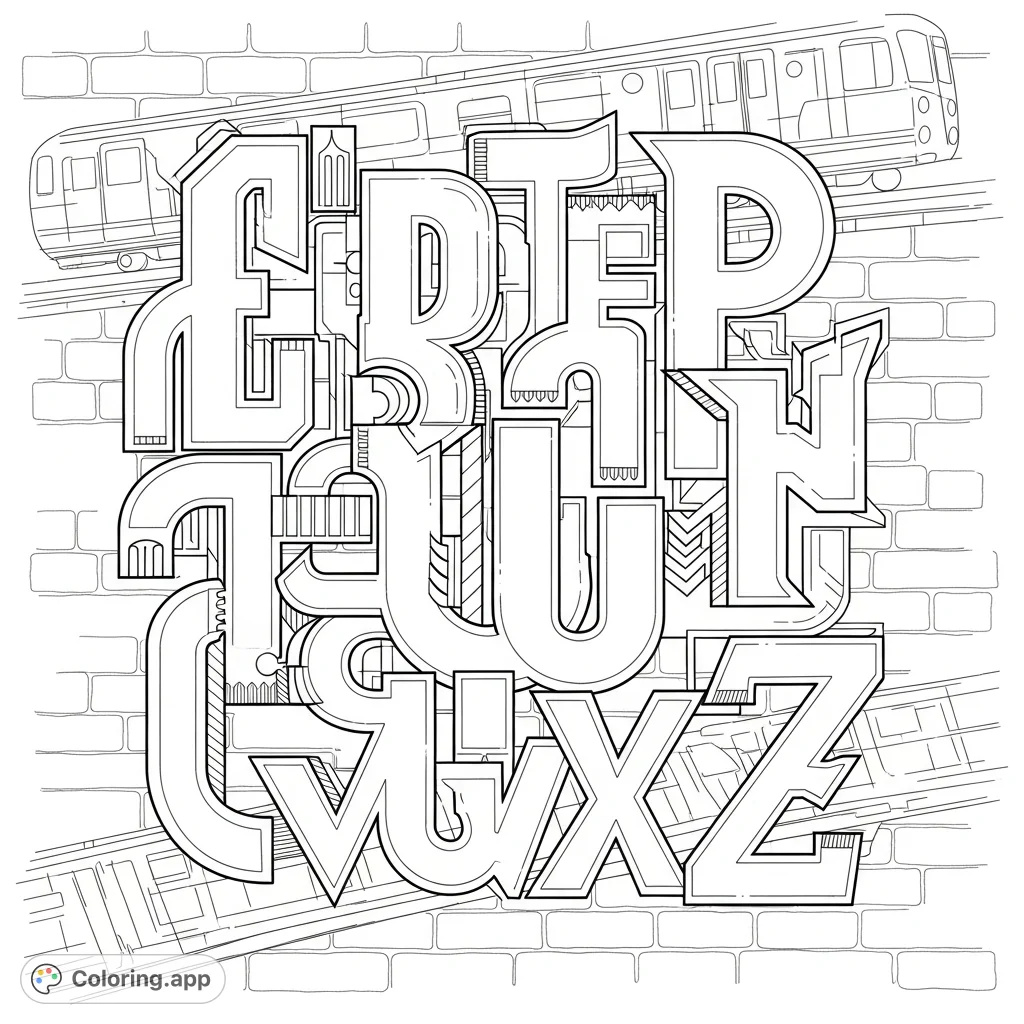 Unleash creativity with this subway letters coloring page. Features bold, interlocking letters with urban style against a textured brick wall.
