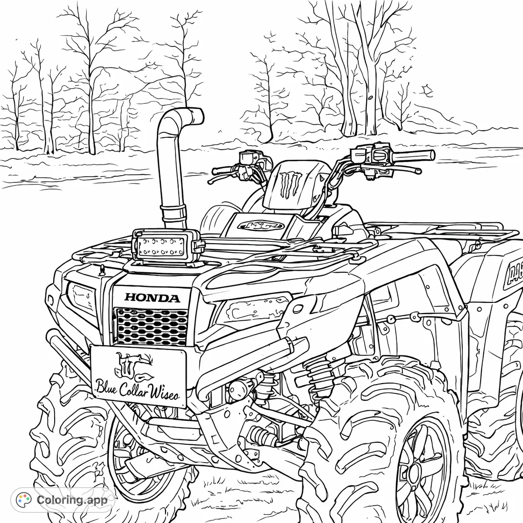 Explore an all-terrain vehicle with massive tires, a snorkel, and a light bar, ready for adventure in the wild outdoors. Perfect for vehicle enthusiasts!