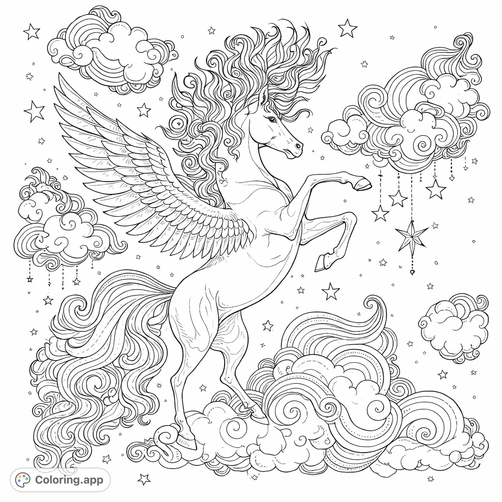 Soar through a celestial dreamscape with this majestic winged unicorn coloring page. Adorn a magical creature amidst stars, clouds, and intricate patterns.