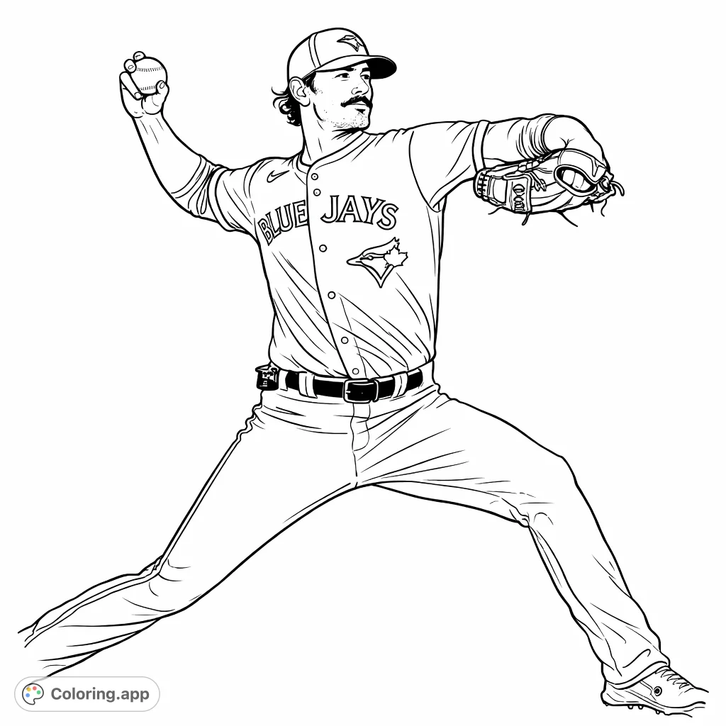 Experience the thrill of the game with this dynamic baseball pitcher coloring page, capturing an athlete mid-throw with detailed uniform and action.
