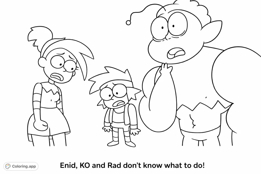 Three beloved cartoon characters, Enid, KO, and Rad, display bewildered expressions. A fun and expressive cartoon coloring page for fans.