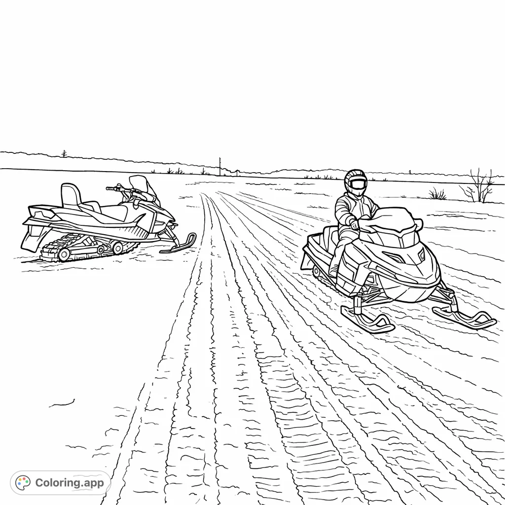 Embark on a thrilling snowmobile winter adventure! This exciting snowmobiling coloring page features two snowmobiles on a snowy field, ready for speed and fun.
